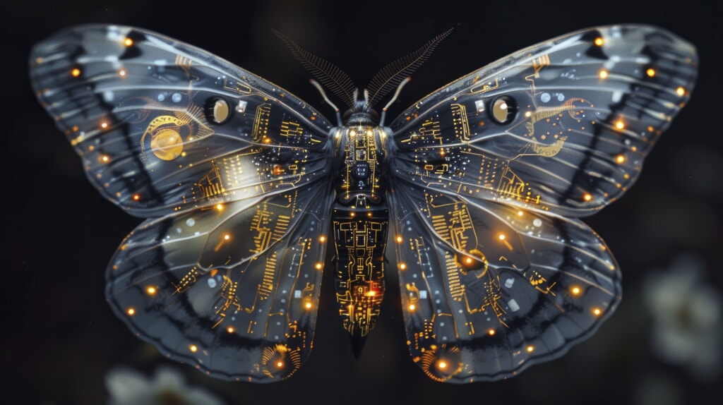 A fusion of nature and technology emerges in a moth's wings, showcasing innovation in wearable tech through intricate circuitry designs.