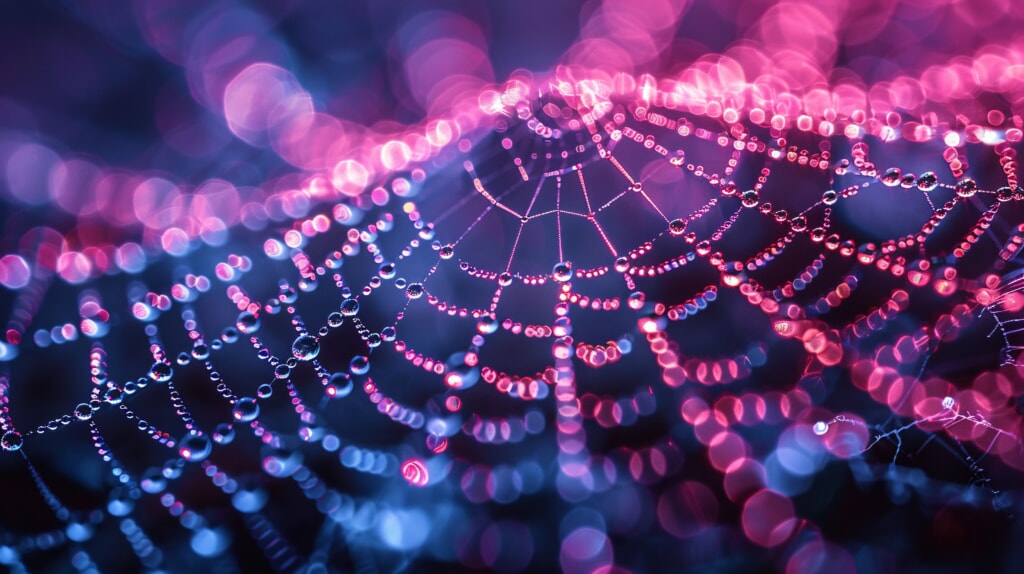 Shimmer and distortion. Vibrant website gradient featuring azure, turquoise, and violet. The internet is spun by a spider. Mysterious backdrop. Selective blur or blur effect.