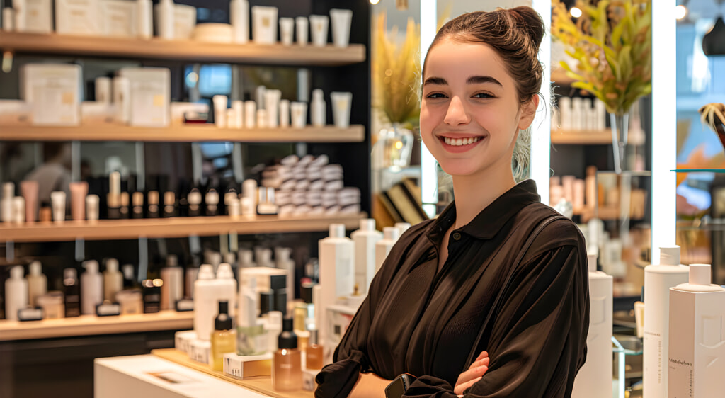 A smiling young cosmetics salesman in a cosmetics boutique.